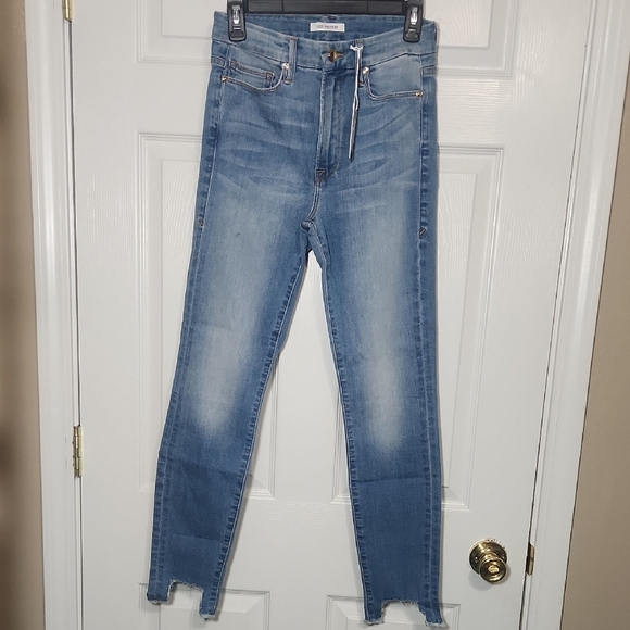 Good American Blue Skinny Jeans with High Waist and Distressed Hem - Picture 1 of 6